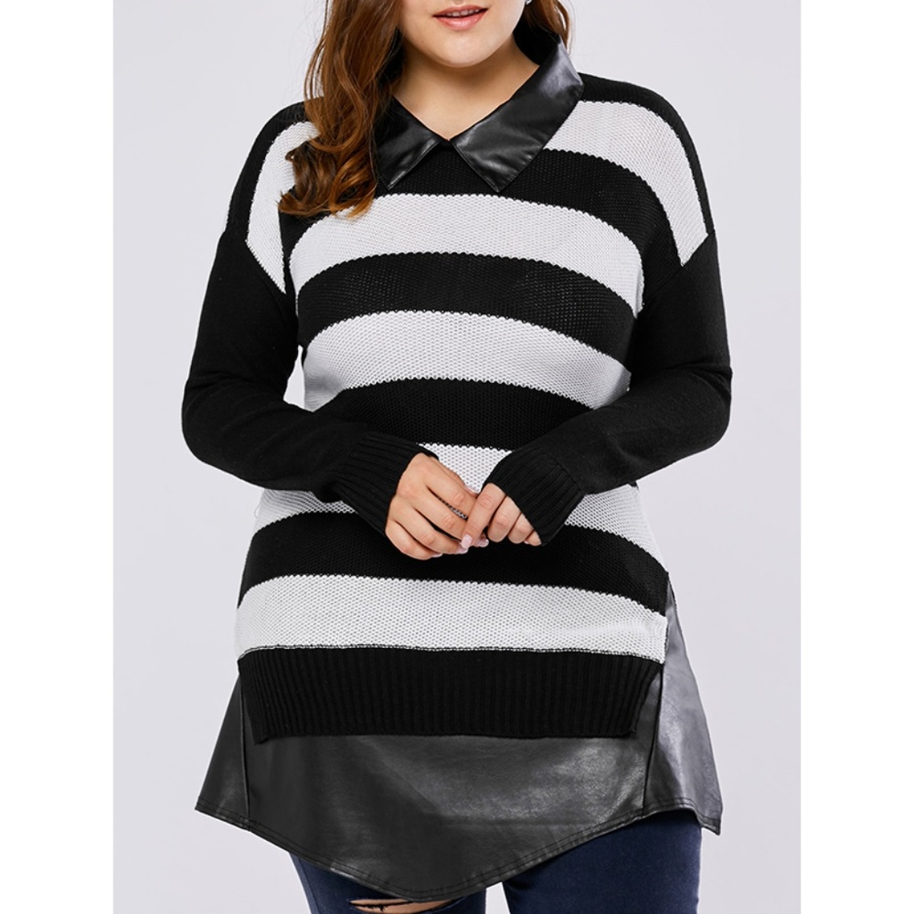 Plus Size Sweater w/ Vegan Leather Collar & Hem